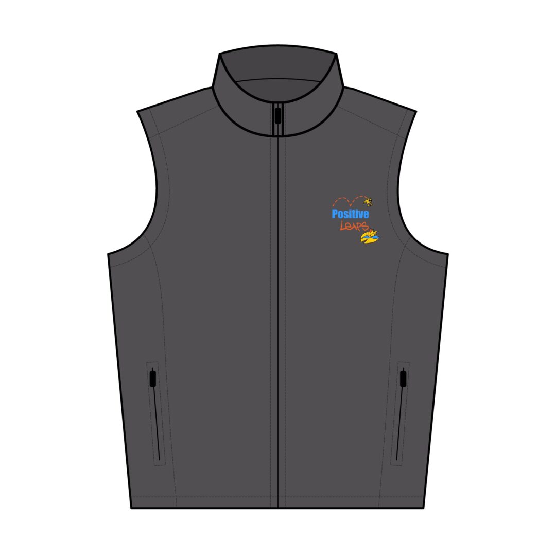 Positive Leaps Men's Soft Shell Vest with Custom Embroidery 1 Official staff apparel: a charcoal grey, fleece-lined vest with the Positive Leaps logo embroidered on the front.
