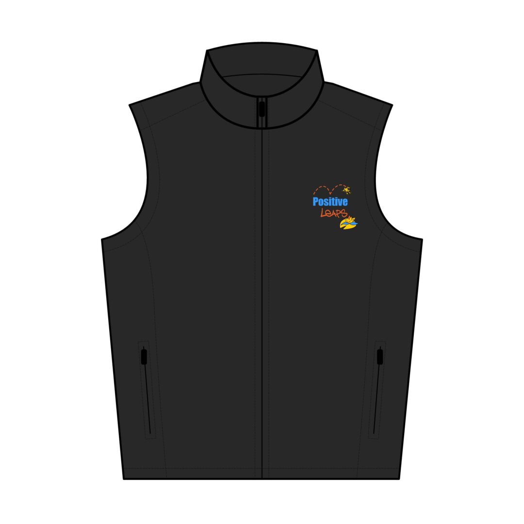 Positive Leaps Men's Soft Shell Vest with Custom Embroidery 2 A professional black zip-up vest featuring the colorful Positive Leaps logo embroidered on the chest.