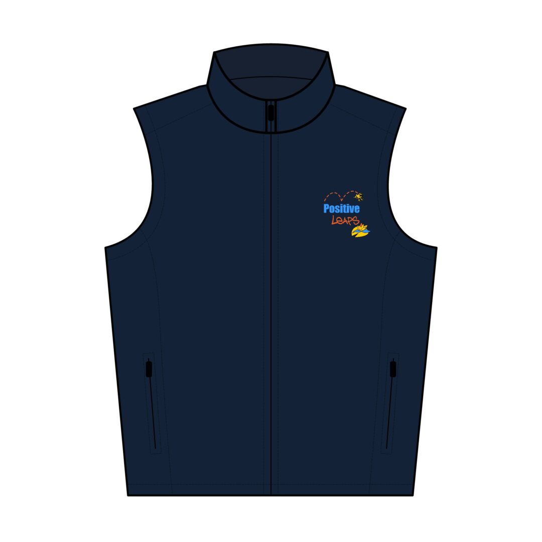 Positive Leaps Men's Soft Shell Vest with Custom Embroidery 3 A navy blue, fleece-lined vest featuring the embroidered Positive Leaps logo on the front left chest.
