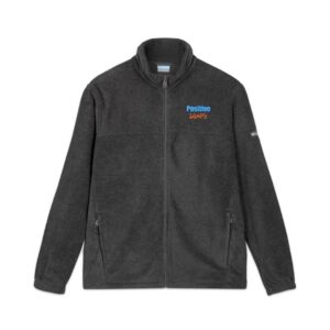 A charcoal grey fleece jacket featuring the Positive Leaps logo embroidered on the chest and zipped pockets for functionality.